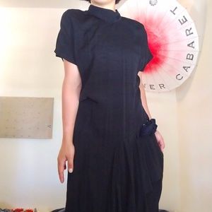 vintage black high-neck drop-waist draped dress
